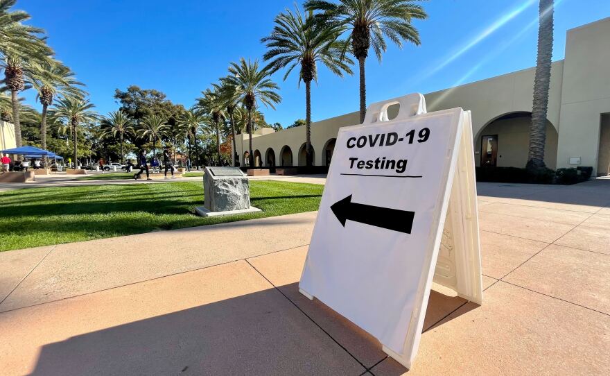 A sign in front of a COVID-19 testing site is pictured at Chula Vista City Hall on Dec. 20, 2021.