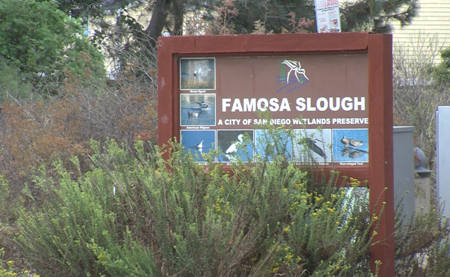 A sign denoting the Famosa Slough on the north side is shown looking from West Point Loma Boulevard on Sept. 26, 2025.