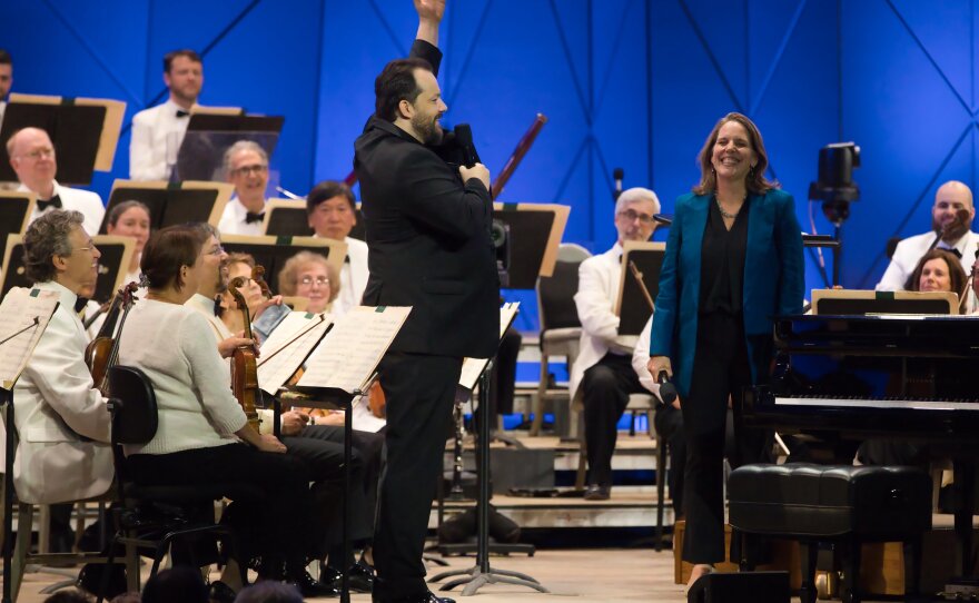 Onstage at Tanglewood, Boston Symphony Orchestra music director Andris Nelsons (left) welcomes the organization's new president and CEO Gail Samuel.