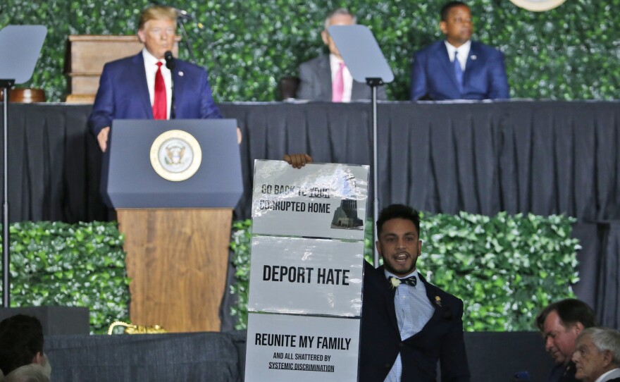 Virginia Del. Ibraheem Samirah, D-Fairfax, interrupted President Trump at a commemorative meeting of the Virginia General Assembly in Jamestown, Va.