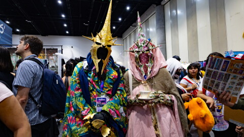 A cosplay couple puts a playful spin on the Witch-king of Angmar from "The Lord of the Rings" at Comic-Con on July 24, 2026.