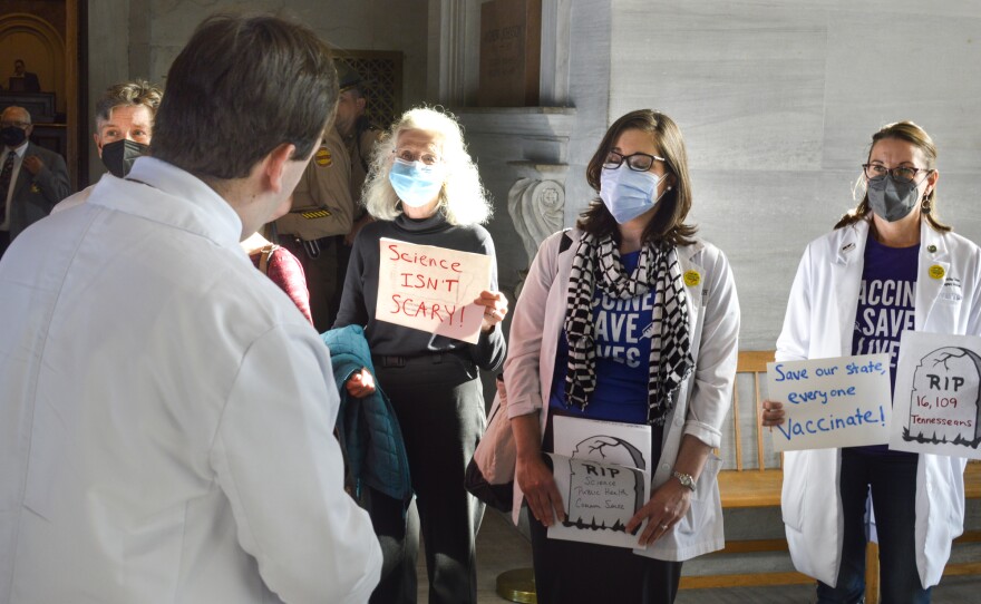 Doctors protested at the Tennessee state capitol on Oct. 27 while lawmakers held a special legislative session aimed at rolling back COVID-19 restrictions. One proposal seeks to protect the licenses of doctors who want to try experimental treatments. The legislative package passed both houses Oct. 30 and now awaits the governor's signature.