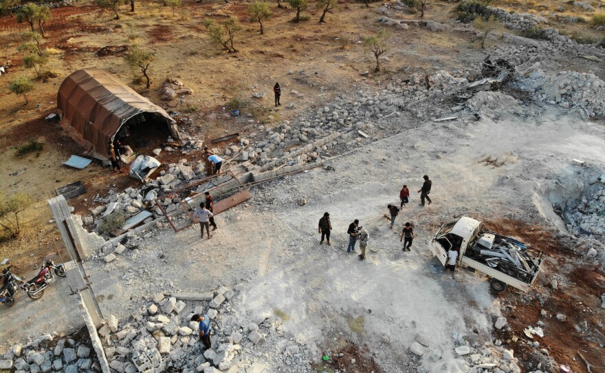 An aerial view taken on Oct. 27 shows the site that was hit by helicopter fire near the northwestern Syrian village of Barisha, where ISIS leader Abu Bakr al-Baghdadi died during a U.S. military raid.