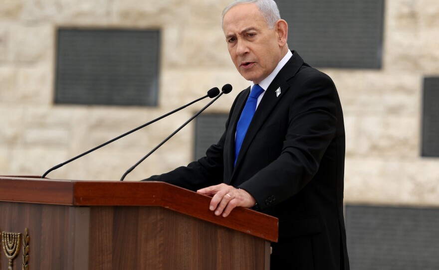 Israel's Prime Minister Benjamin Netanyahu attends a ceremony commemorating Israel's Remembrance Day for fallen soldiers, or Yom HaZikaron, at the Military Cemetery on Mount Herzl in Jerusalem, Tuesday April 21, 2026.