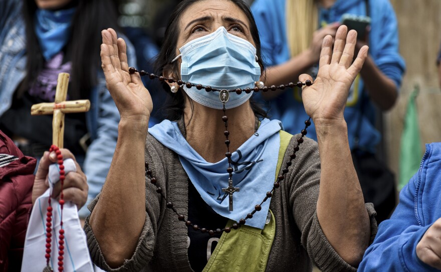 Anti-abortion demonstrators protest outside the Constitutional Court in Bogota, Colombia, on February 21 after the court decriminalized abortion during the first 24 weeks of pregnancy.