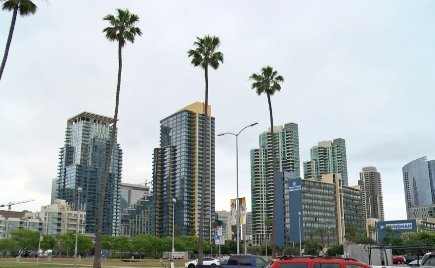 Apartment buildings and hotels are shown along the Embarcadero on May 25, 2023.