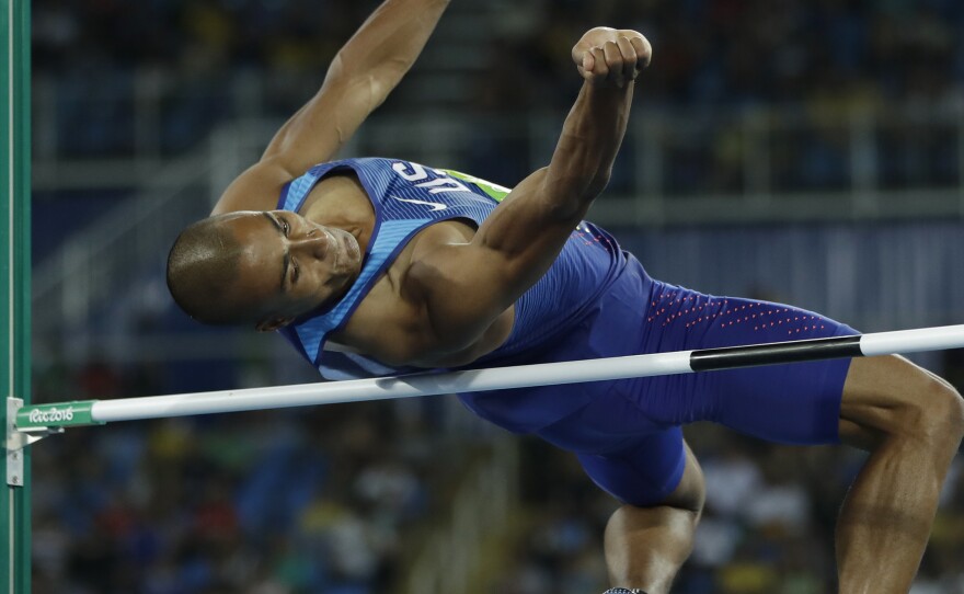 American Ashton Eaton competes in the high jump on Wednesday, the first day of the two-day, 10-event decathlon in Rio. Eaton is the reigning Olympic champion and world record holder and was in first place heading into the final five events on Thursday.