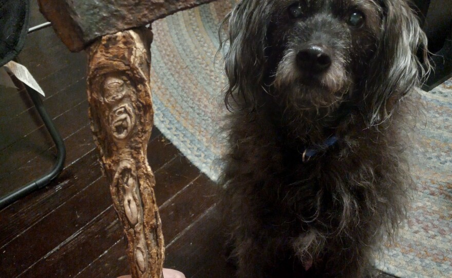 Matthew Decker shows off an ax he found in his front yard with a root handle.