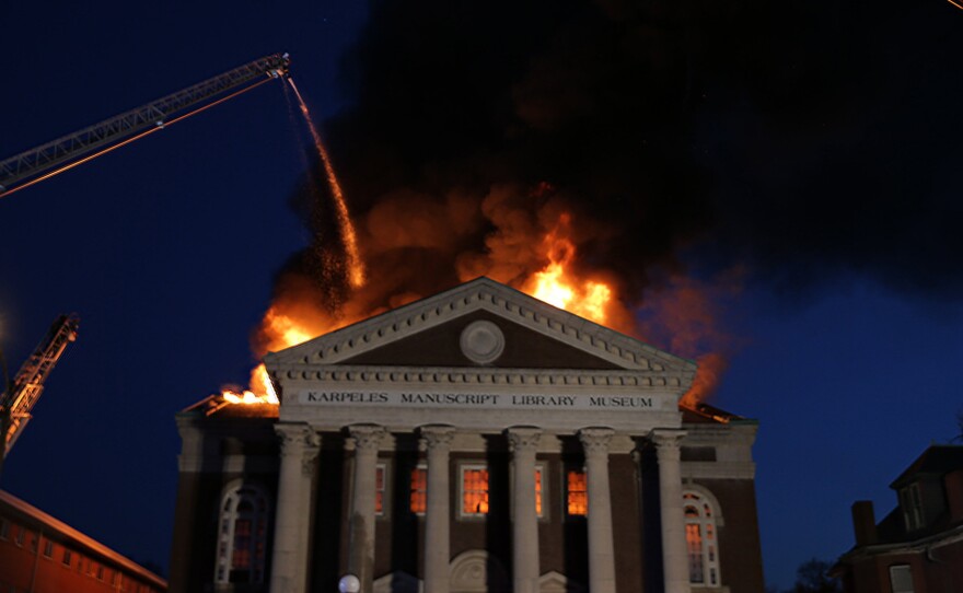 Firefighters battled a massive fire at the St. Louis Karpeles Manuscript Library Museum on Tuesday. The museum houses some of collector David Karpeles' collection of original manuscripts, one of the largest in the world.