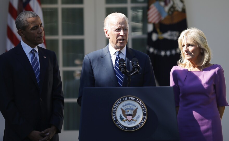 Vice President Joe Biden announces he will not seek the 2016 Democratic presidential nomination during an appearance in the White House Rose Garden with President Obama and Dr. Jill Biden.