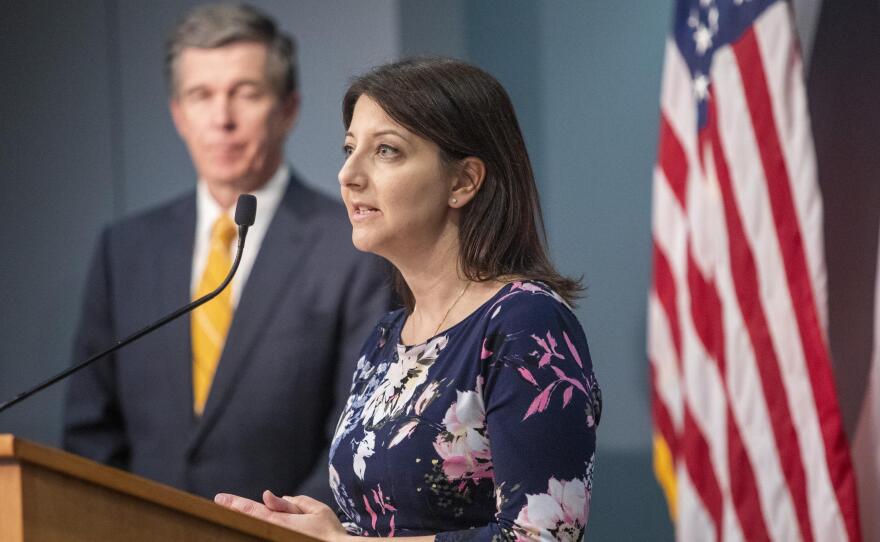 North Carolina Department Health and Human Services Secretary Dr. Mandy Cohen speaks during a briefing on April 24.