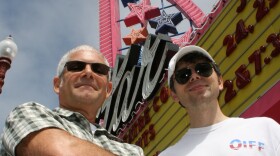 Left, Michael E. Vasquez, Oceanside film festival committee member, and Dmitriv Demidov, festival co-chair and director, outside the Star Theatre, one of two historic theaters where the film screenings will take place, Aug. 4, 2015. The other is the Sunshine Brooks Theatre.  