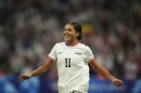 United States' Sophia Smith celebrates after scoring her side's first goal, during the women's Group B soccer match between the United States and Germany at the Velodrome stadium, during the 2024 Summer Olympics, Sunday, July 28, 2024, in Marseille, France.