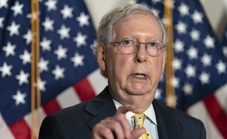 Senate Majority Leader Mitch McConnell speaks Wednesday after meeting with Senate Republicans on Capitol Hill.