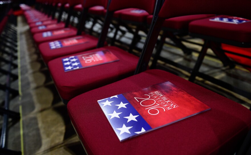 The formal printed 2016 Republican platform is placed on the chairs of the state delegates on the floor of the Republican National Convention on July 18, 2016, in Cleveland. One part of the platform that changed was about U.S. assistance to Ukraine.