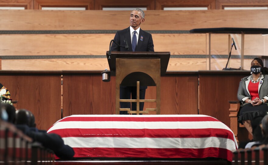 Former President Barack Obama gives the eulogy at the funeral service for Rep. John Lewis at Ebenezer Baptist Church in Atlanta. Lewis, a civil rights icon and fierce advocate of voting rights for African Americans, died on July 17 at the age of 80.