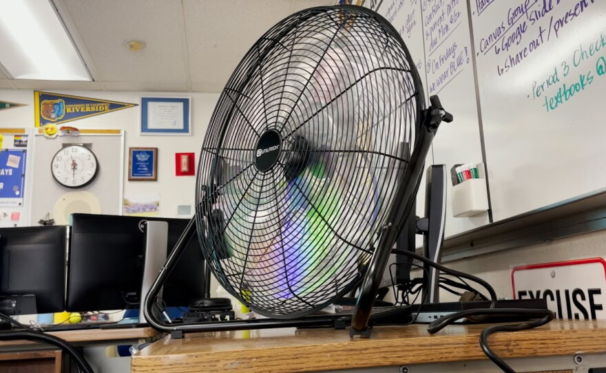 A fan inside a classroom at Rancho Bernardo High School circulates the air as the Poway Unified School District tries to fix the broken air conditioning system at the school.