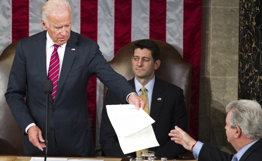 Then-Vice President Joe Biden presides over a joint session of Congress in January 2017 to name Donald Trump formally as president-elect.