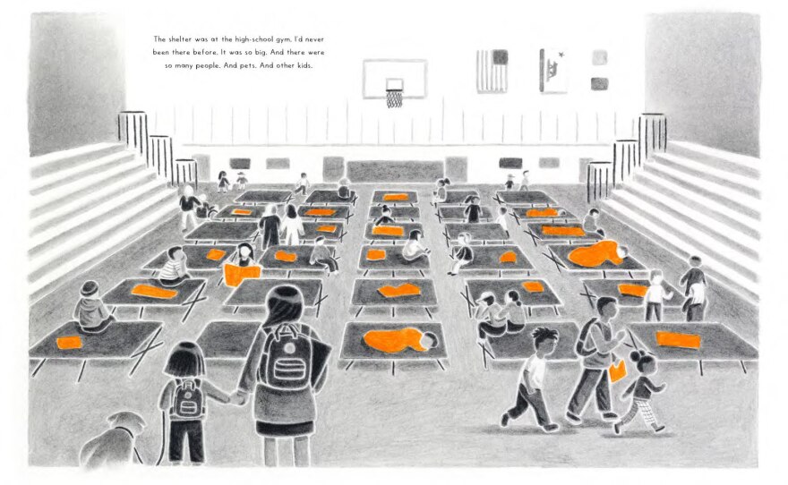 Interior pages are shown from Viet Thanh Nguyen and Minnie Phan's "Simone." A grid of cots are shown in an evacuation center in a high school gym. The drawing is in black and white except for bright orange blankets on the cots and surrounding some people.
