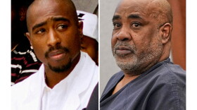 Rapper Tupac Shakur attends a voter registration event in South Central Los Angeles on Aug. 15, 1996, left, and Duane "Keffe D" Davis appears in District Court for his involvement in the 1996 killing of Shakur in Las Vegas on Feb. 18, 2025.