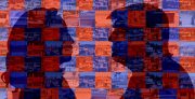 The silhouettes of Vice President Kamala Harris and President-elect Donald Trump face each other over a background of blue and red squares that have images of homes in them.