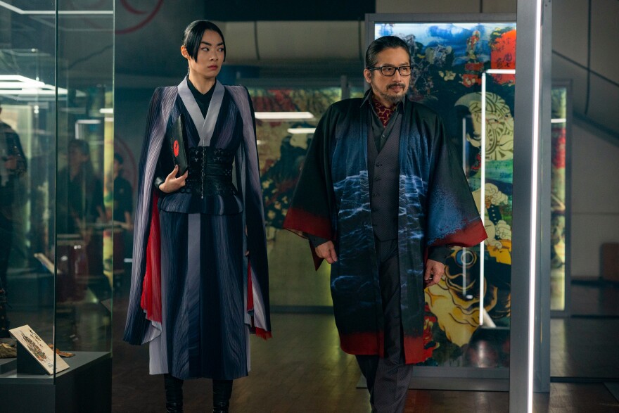 Rina Sawayama as Akira Shimazu and Hiroyuki Sanada as Shimazu are shown in an undated film still from "John Wick: Chapter 4."
