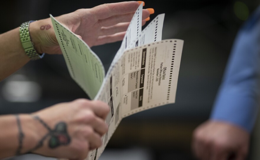 FILE - Poll workers sort out early and absentee ballots at the Kenosha Municipal building on Election Day in Kenosha, Wis., on Nov. 3, 2020. The April 4 election will determine majority control of the state Supreme Court.