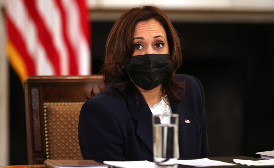 Vice President Harris delivers brief remarks during a meeting Wednesday.