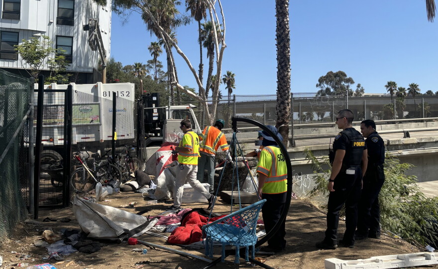 San Diego City crews clearing a homeless encampment on July 30, 2026.