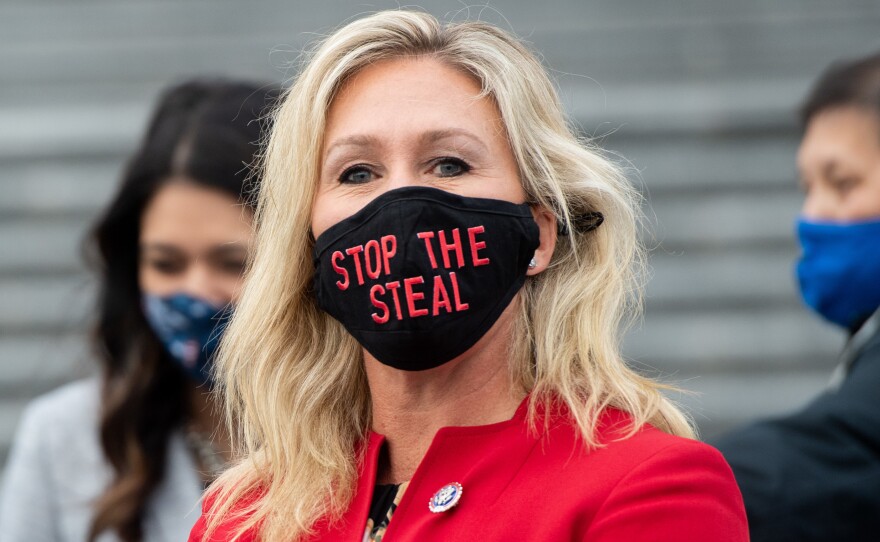 U.S. Rep. Marjorie Taylor Greene, shown here on Jan. 4, 2021, continues to embrace the falsehood that the 2020 election was stolen.