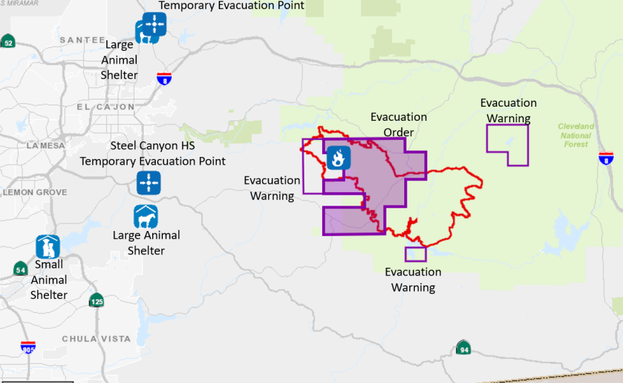 This graphic shows a map of the Valley Fire evacuation zone and evacuation shelters in San Diego County, Sept. 10, 2020.