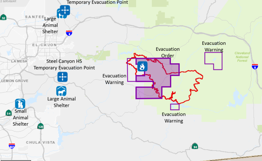 This graphic shows a map of the Valley Fire evacuation zone and evacuation shelters in San Diego County, Sept. 10, 2020. 