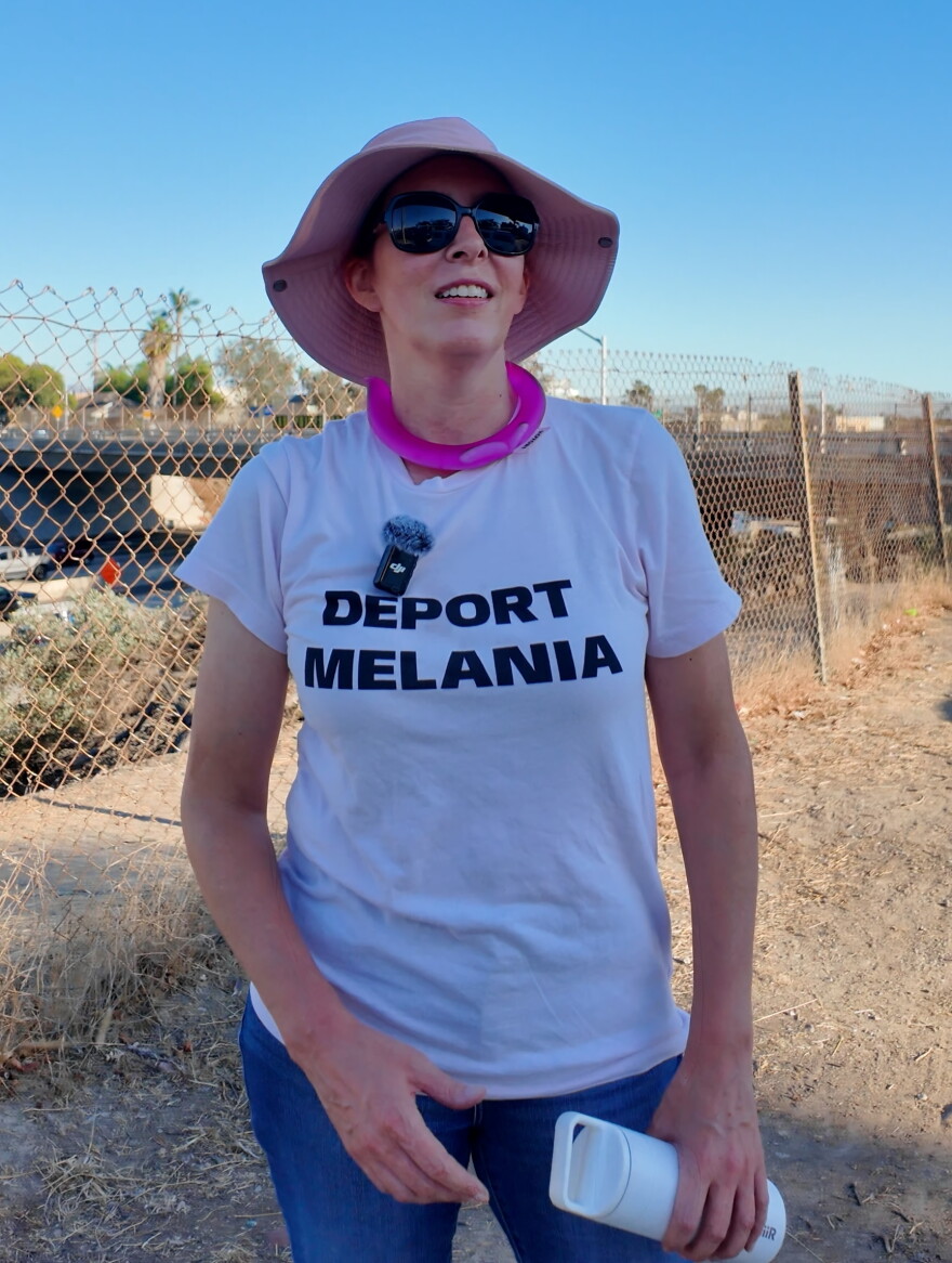Susan, a San Diego Visibility Brigade organizer prepares for an interview with KPBS on Oct. 8, 2026.