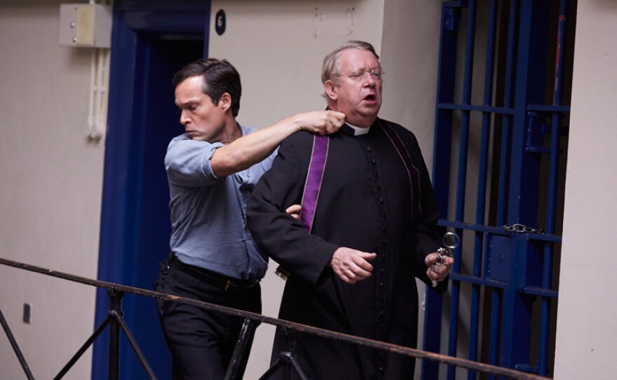 Flambeau (JOHN LIGHT), Father Brown (MARK WILLIAMS) in a scene from "The Penitent Man."