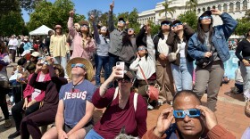 Hundreds of spectators gathered outside the Fleet Science Center in Balboa Park to view Monday's partial solar eclipse. According to NASA, San Diego County experienced the moon cover about 60 to 65 percent of the sun at the eclipse's peak, depending on location, San Diego, Calif., April 8, 2024