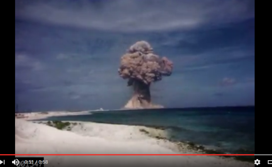 A still from a film recently digitized by a team at Lawrence Livermore National Laboratory. The film shows a 1958 explosion at Bikini Atoll in the Marshall Islands.