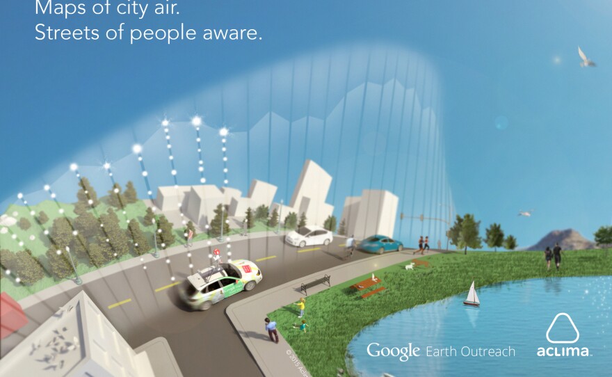 Google's rendering of how pollution-sensor equipped Google Street view cars "see the air."