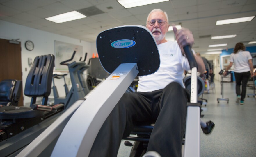 Charles Greiner gets his heart rate up — with supervision — at the U.Va. cardiac rehabilitation gym in Charlottesville, Va.