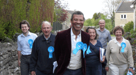Conservative Party candidate Wilfred Emmanuel-Jones campaigns with members of the local Conservative Association in Winsley, in the county of Wiltshire.
