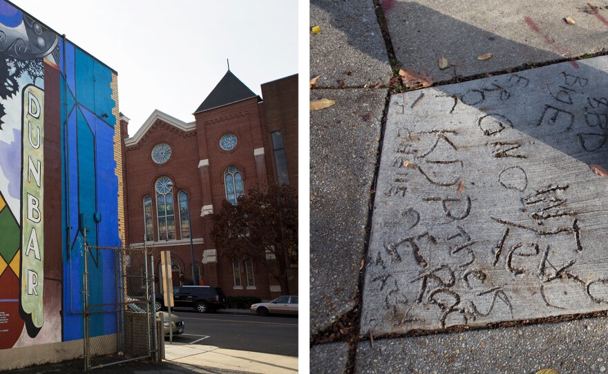 (Left) A mural by American artist G. Byron Peck stands across the street from Shiloh Baptist Church in the historic Shaw District. (Right) Residents leave their mark on a neighborhood sidewalk.