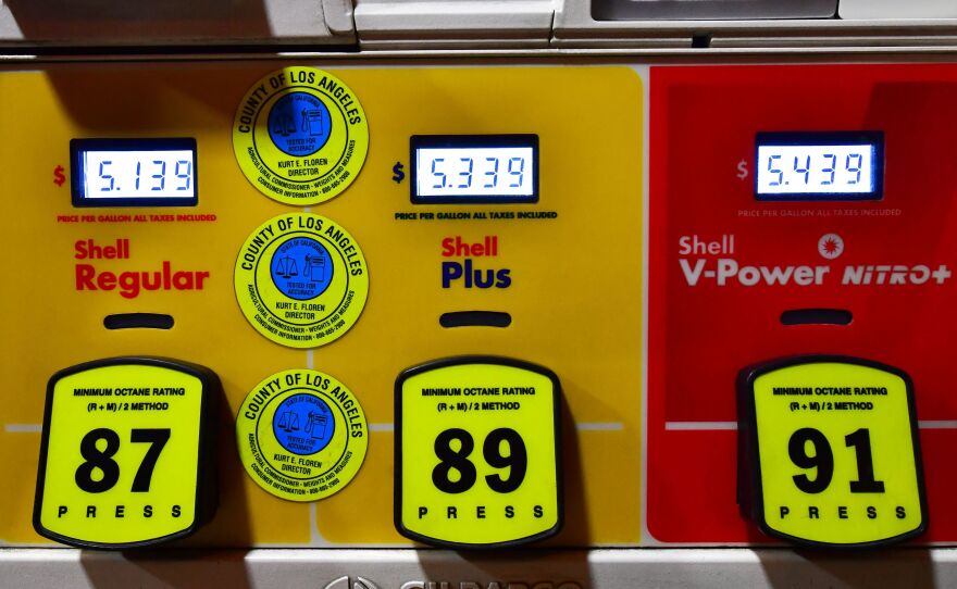Gas prices reach over $5 a gallon at a station in Los Angeles on Friday. Oil prices continue to surge after Russia's invasion of Ukraine, with some analysts describing market conditions as verging on "panic."
