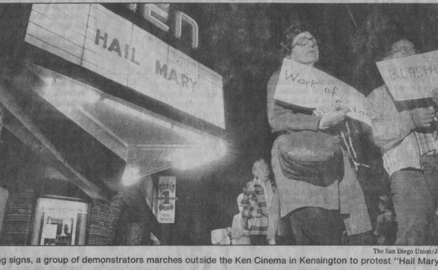 Former Ken Cinema employee Dan Whitworth saved this newspaper clipping about protests in from of the theater for Jean-Luc Godard's "Hail Mary."