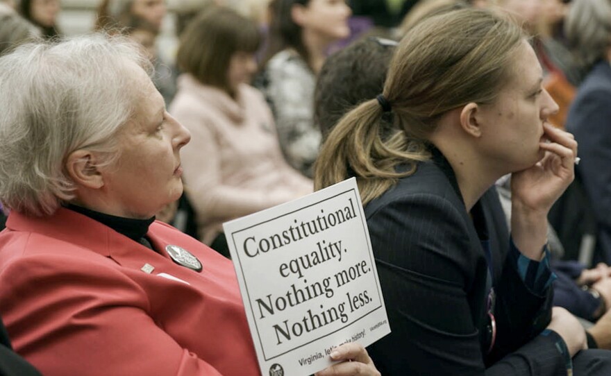 A woman holds a sign that reads "Constitutional equality. Nothing more. Nothing less."