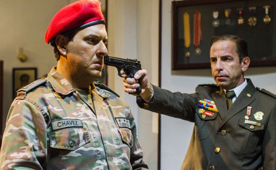 Colombian actor Andres Parra (left) plays Hugo Chavez in the new telenovela, El Comandante.