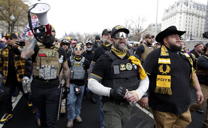 Demonstrators wearing clothes linked to the far-right extremist group  Proud Boys attend a pro-Trump rally in Washington last month.