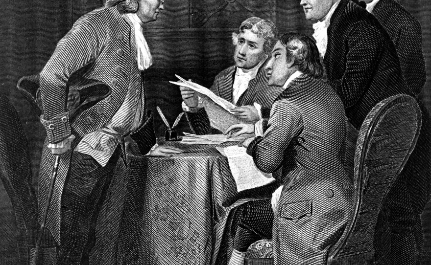 Thomas Jefferson and John Adams (second and third from left), shown helping draft the Declaration of Independence, died on the same day 50 years after it was adopted.