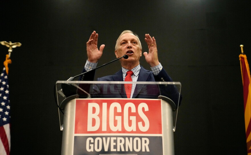 Rep. Andy Biggs, R-Ariz., who is running in the primary for Arizona governor, speaks at a campaign event July 17, 2026, in Gilbert, Ariz.
