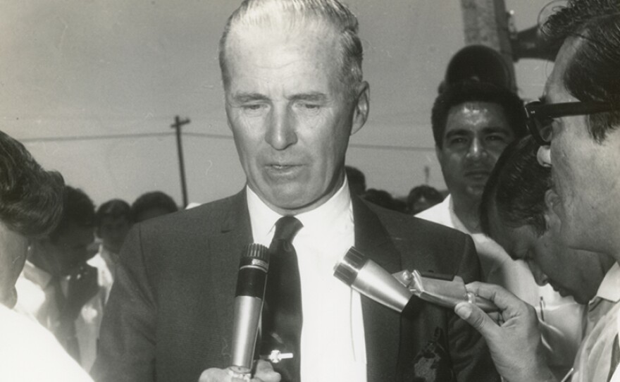 Norman Borlaug speaks to press at a street-naming ceremony in his honor. Ciudad Obregón, Sonora, northern Mexico.