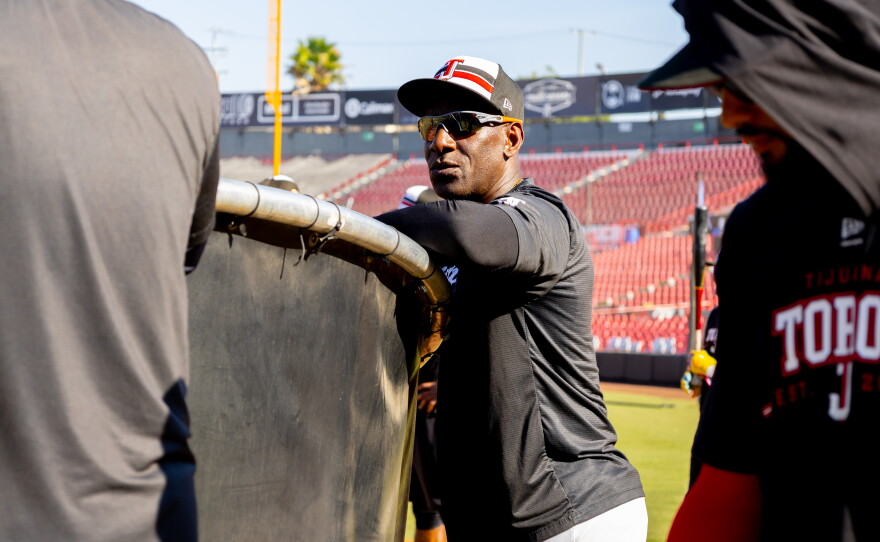 Tijuana Toros manager Roberto Kelly watches batting practice before the game at Toros Mobil Park in Tijuana, Mexico, July 31, 2026.