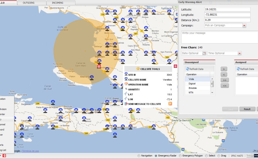 The TERA software shows the operator where cell phone towers are, not the individual numbers being messaged.